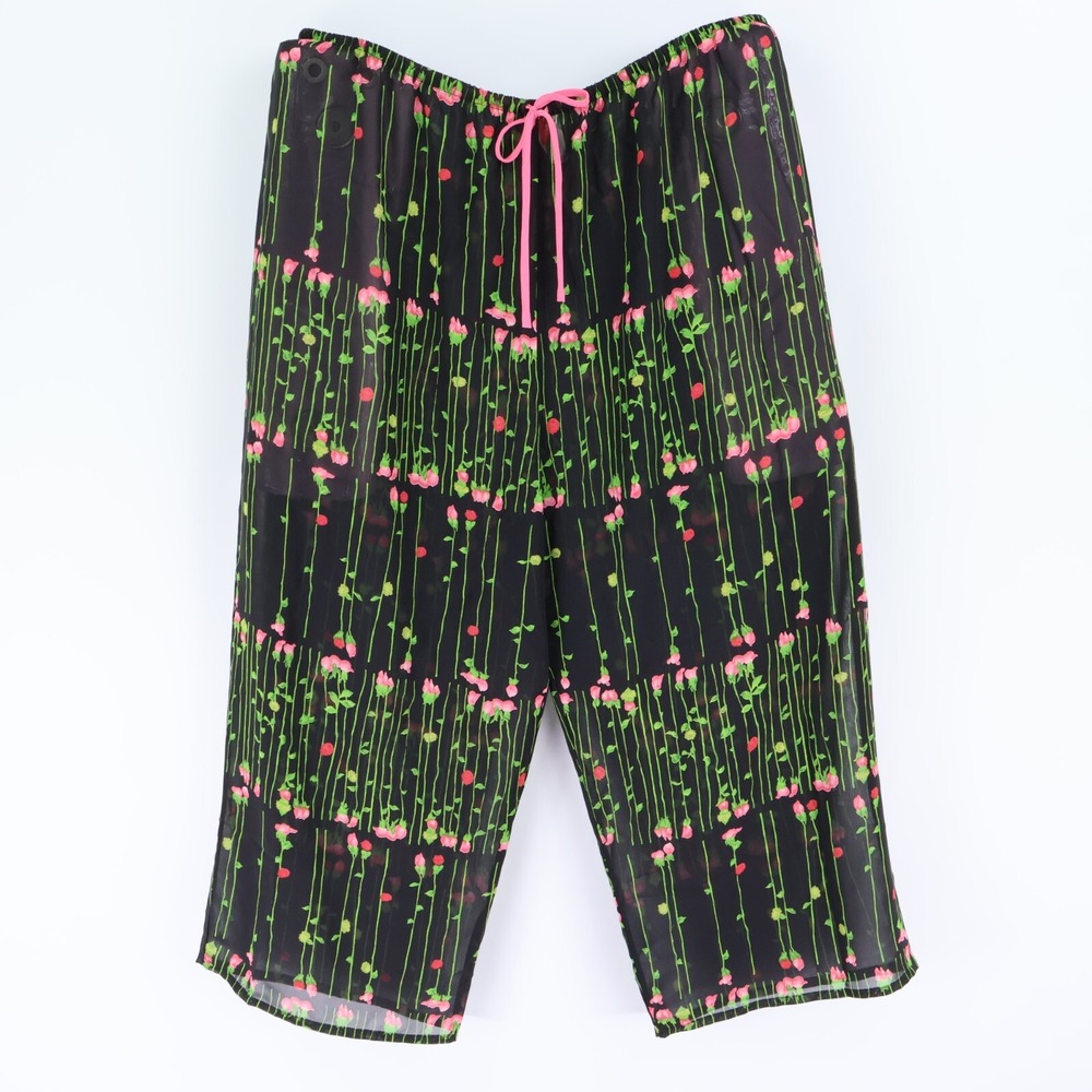 BOHO Capri Pants Sheer High Rise Womens Sz M Black Green Pink Floral LIGHTWEIGHT